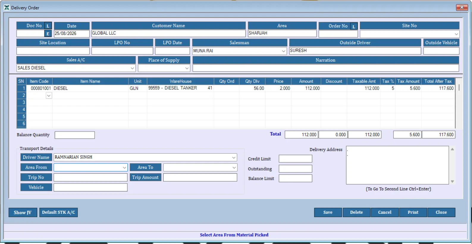 Meezan ERP software UAE dashboard showing a delivery order and inventory form
